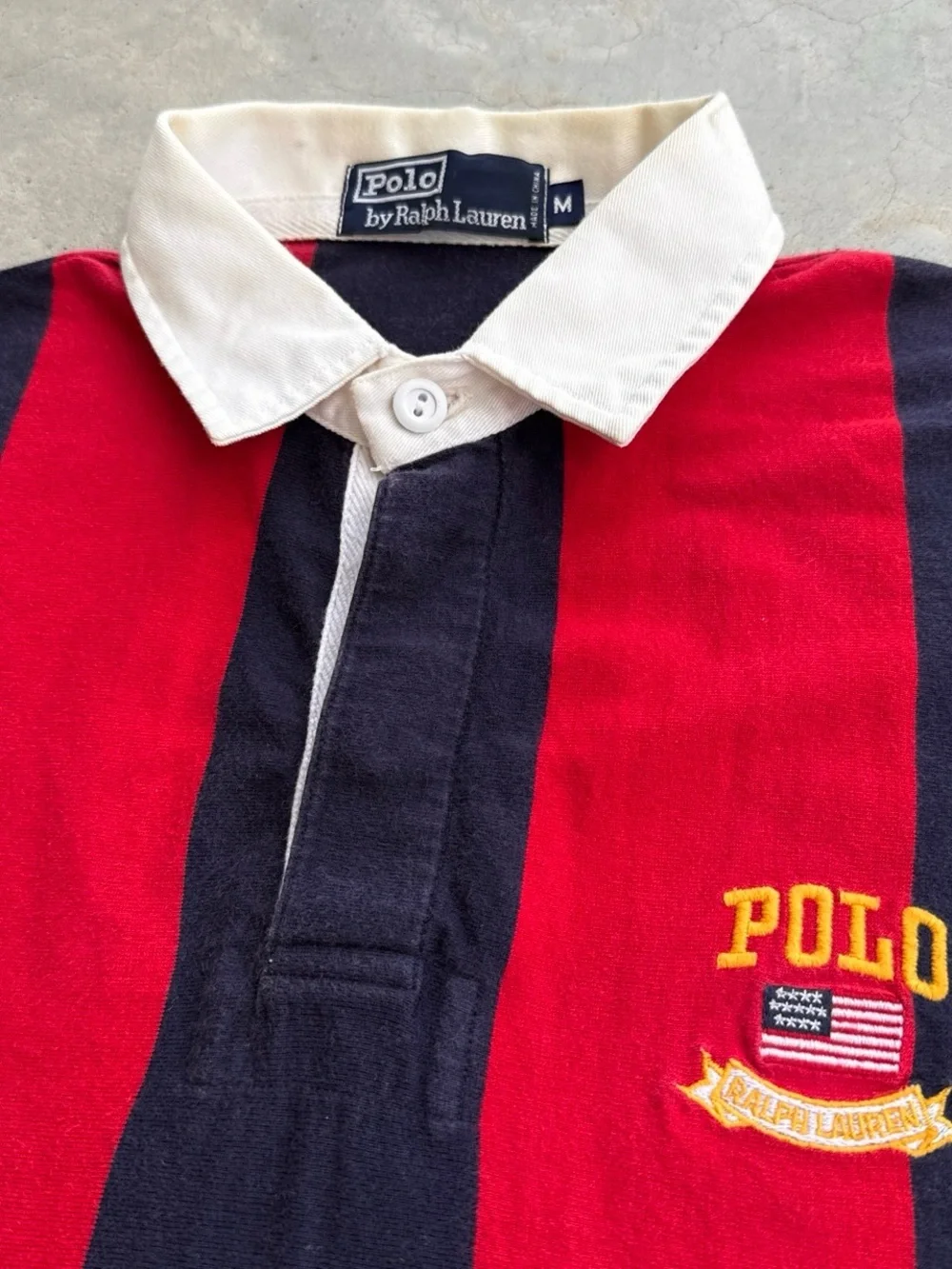 Vintage Polo Ralph Lauren Red Navy Stripe Short Sleeve Rugby Shirt Mens